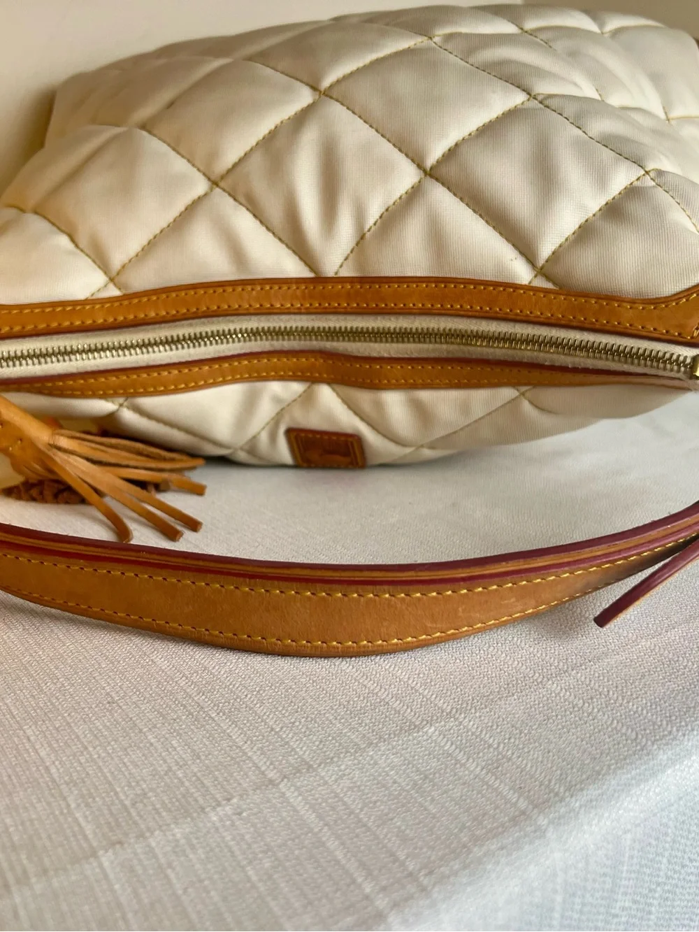 Dooney & Bourke Cream Quilted Shoulder Bag with Tan Trim